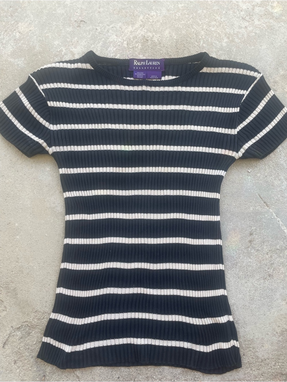 Ralph Lauren Black and White 100% silk Striped Ribbed Short-Sleeve Tee